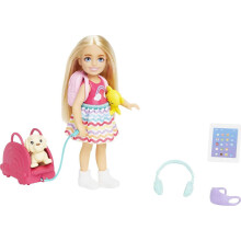 Barbie Chelsea Puppe & 6 Zubehörteile, Reise-Set mit Welpen, Tragetasche & Rucksack