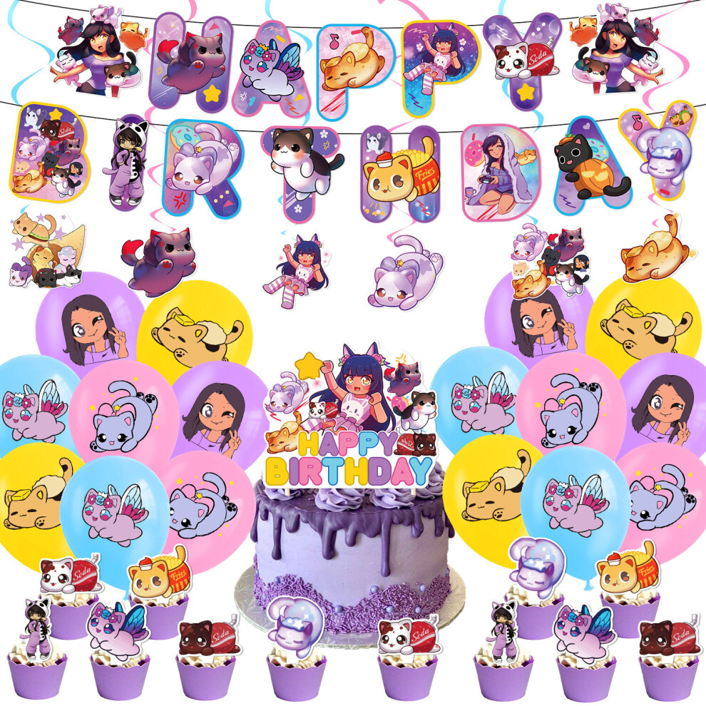 (42PCS) Paper Aphmau Party Material Decoration Set Banner Cake Topper Balloon Latex