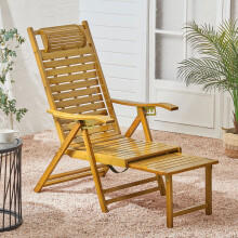 (Wood) Bamboo Foldable Recliner Lounge Chair with Retractable Footrest