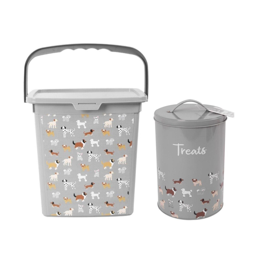 Dog Food Bin And Treat Tin Storage Container Grey Illustrated