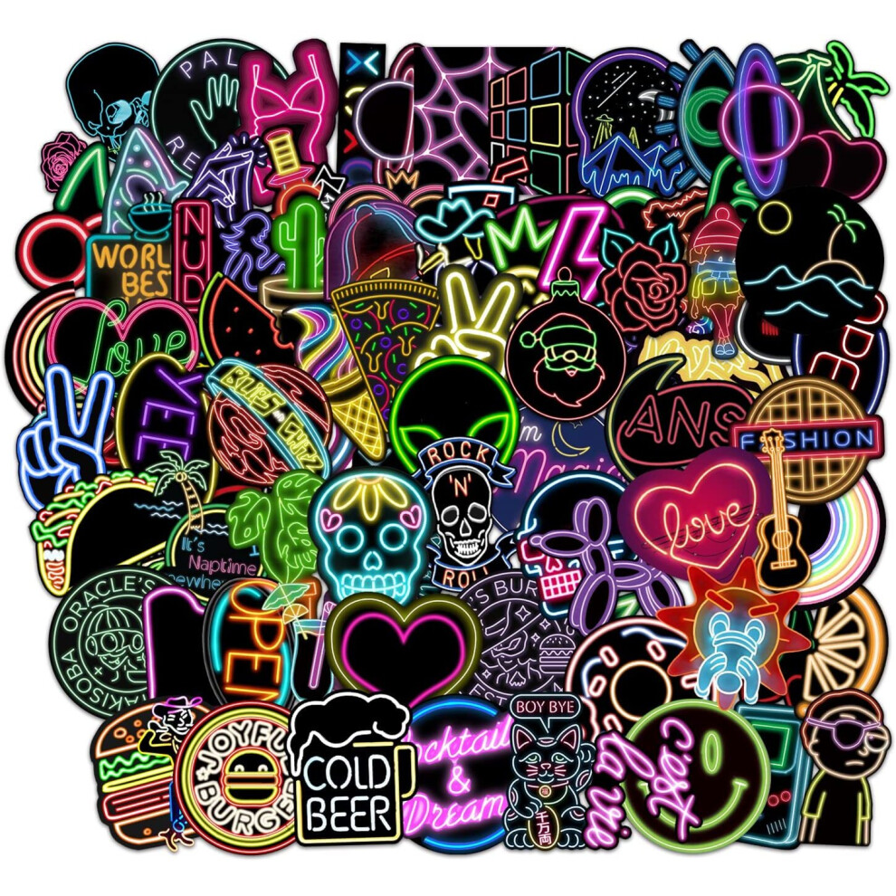 Mascot 100Pcs Neon Style Stickers For Laptop, Cool Neon Stickers For Kids Teens Waterproof Vinyl Stickers For Water Bottle, Guitar Skateboard,Phone Light