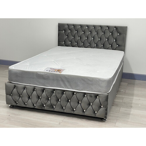 (double, grey) chesterfield divan bed with diamond tufted headboard on
