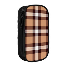 Pencil Case Black And Brown Tartan Plaid Pen Holder Box Pouch Bag with Double Zippers for School Office Work