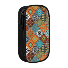 Pencil Case Talavera Tiles Rust Orange Aqua Turquoise Blue Black White Pen Holder Box Pouch Bag with Double Zippers for School Office Work