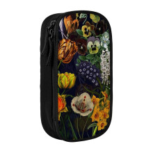 Pencil Case Vintage Pattern With Springflowers And Blossoms Black Pen Holder Box Pouch Bag with Double Zippers for School Office Work