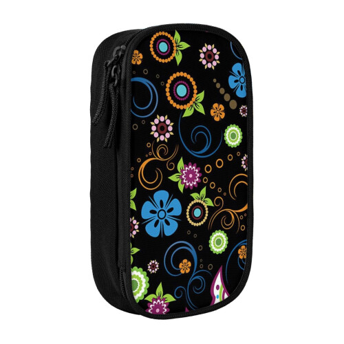 Pencil Case Black Seamless Pattern Pen Holder Box Pouch Bag with Double Zippers for School Office Work