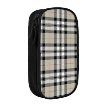 Pencil Case Taupe Black And White Neutral Plaid Tartan With Red Stripe Pen Holder Box Pouch Bag with Double Zippers for School Office Work