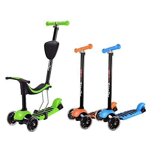 STOTOY SW118 5-in-1 Toddler Scooter Deluxe 3 Wheel Kick Scooter with Removable Seat, Adjustable Handlebar and LED Flashing Wheels for Kids