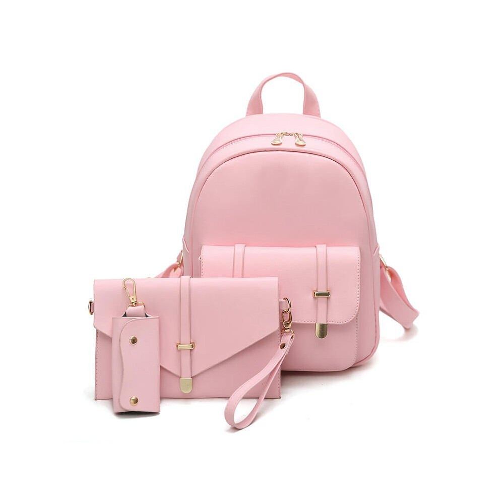 (Pink) 3 PCS PU Leather Women Backpacks Students Schoolbags