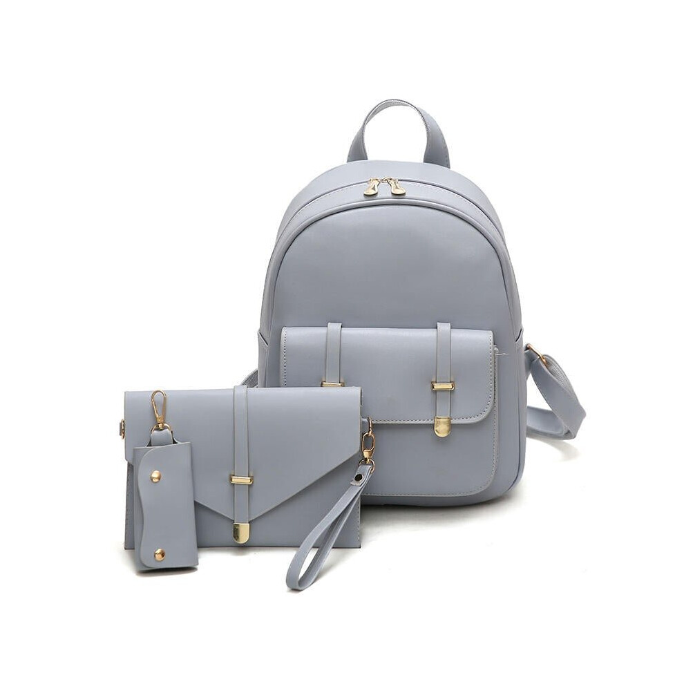 (Grey) 3 PCS PU Leather Women Backpacks Students Schoolbags