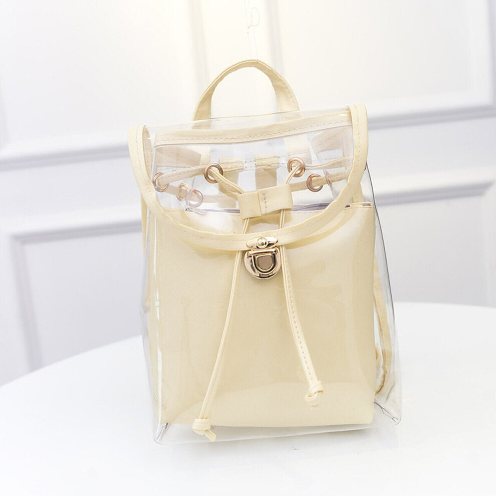 (Beige) 2 in 1 Clear Girl Transparent Fashison Backpack Satchel Women Jelly Beach Tote School