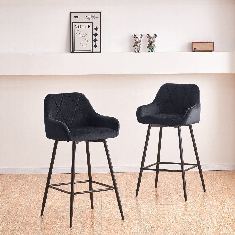 (BLACK) Set of 2 Bar Stools Velvet Upholstered Kitchen Pub