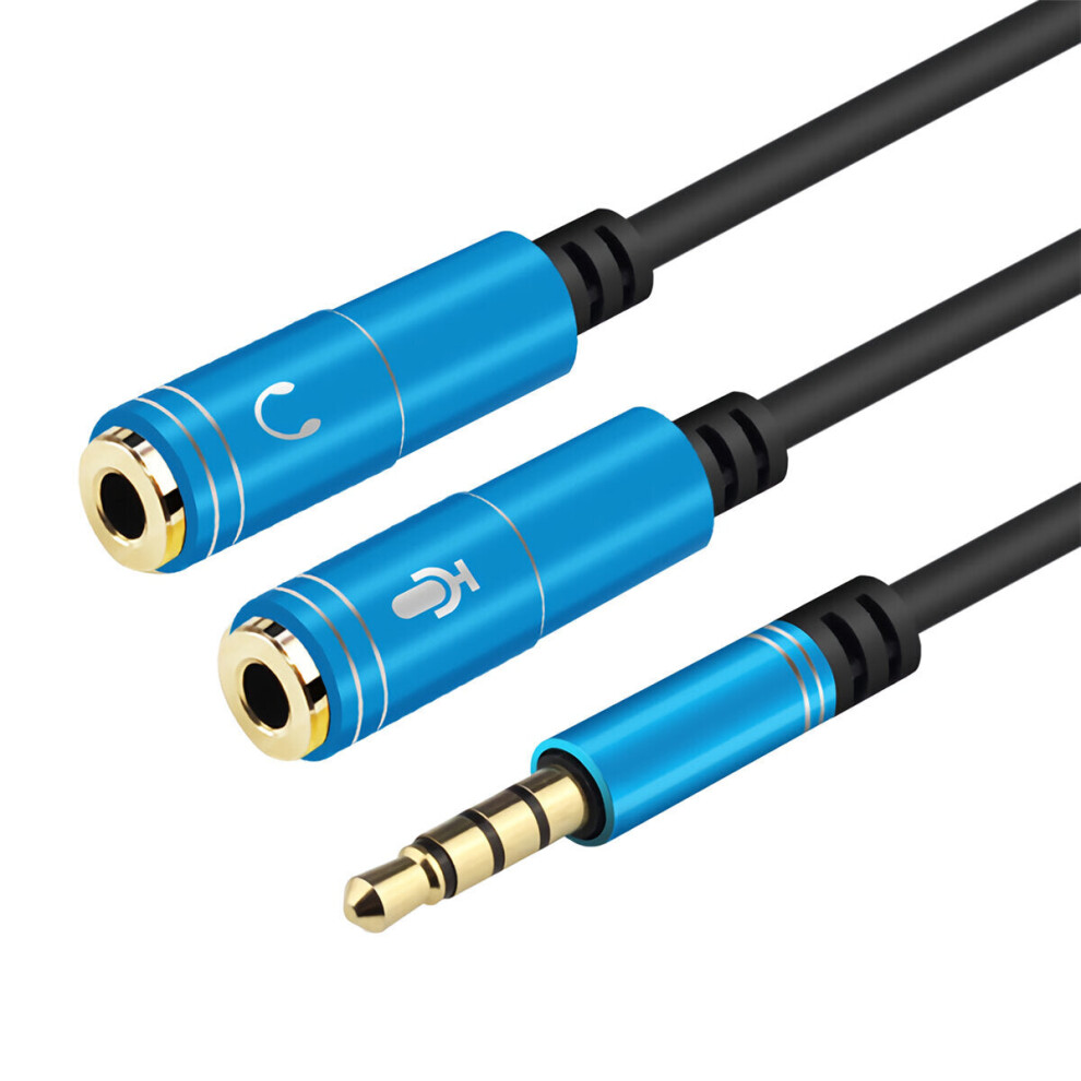 (Blue) 3.5mm Earphone Headset Splitter Cable Stereo 3.5mm Female to 2 * 3.5mm Male for PC Laptop Microphone Audio