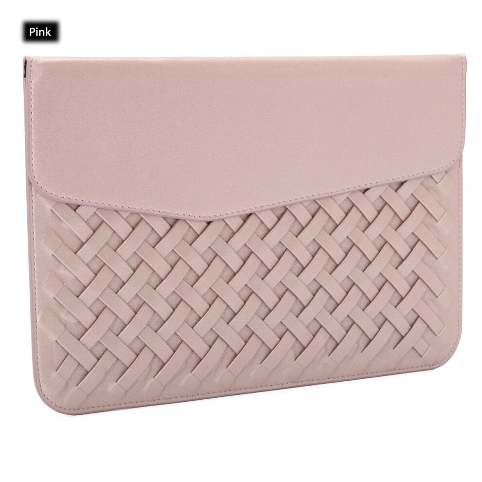 (Pink) 12 inch Weaving Laptop Bag PU Leather Case Cover Bag for Makbook Laptop