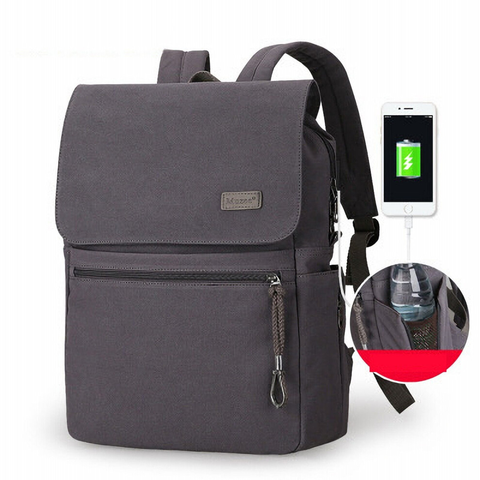 (Grey) 15.6 inch USB Chargering Backpack 20-35L Large Capacity Simple Causal Waterproof Fashion Canvas Laptop Bag