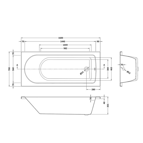 Nuie Barmby 1600mm Standard White Round Single Ended Bath Acrylic 2