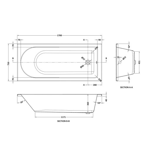 Nuie Barmby 1700mm Standard Round White Single Ended Bath Acrylic 2