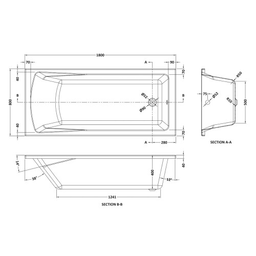 Nuie Linton 1800mm White Square Single Ended Bath Acrylic 2