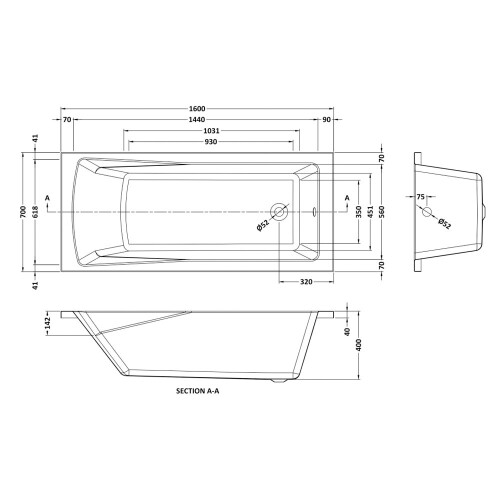 Nuie Linton 1600mm White Square Single Ended Bath Acrylic 2