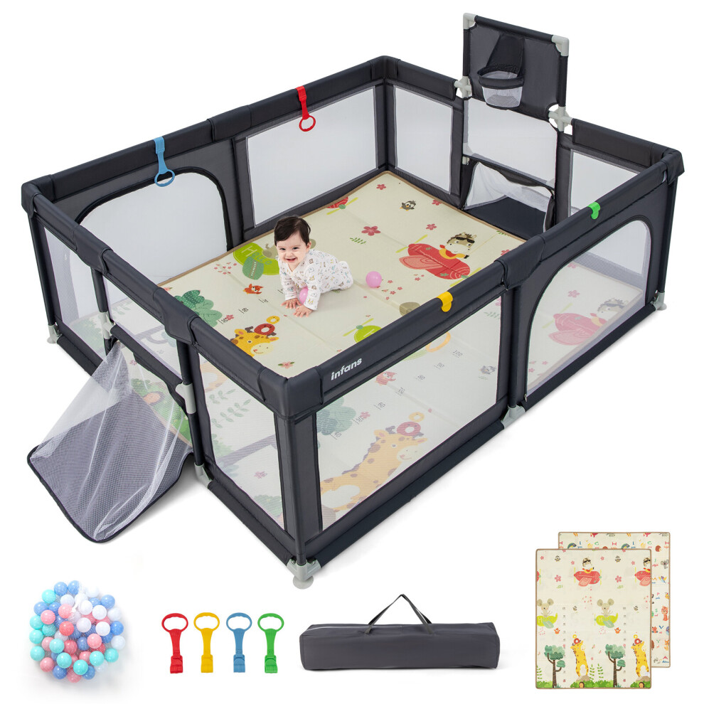 Large Baby Playpen Safe Play Yard Activity Center w/ Mat & Soccer Nets