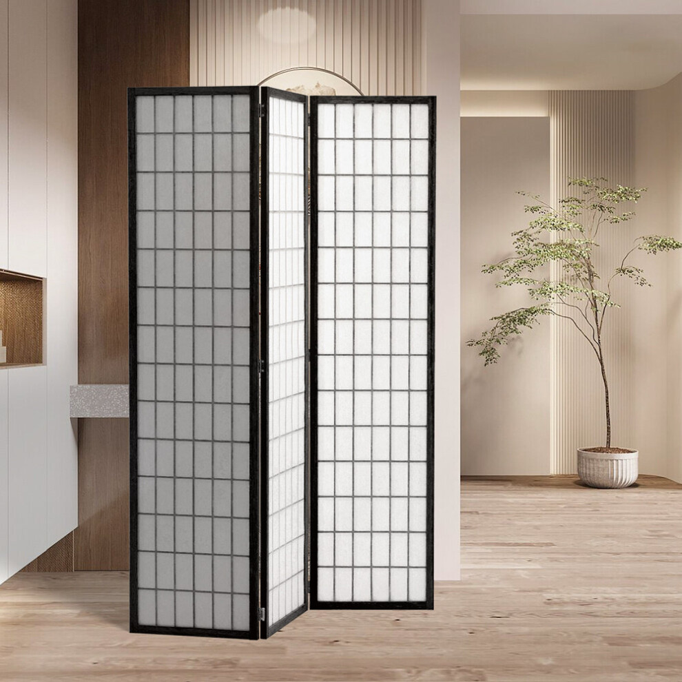 (Black) 3-Panel Solid Wood Folding Room Divider Screen
