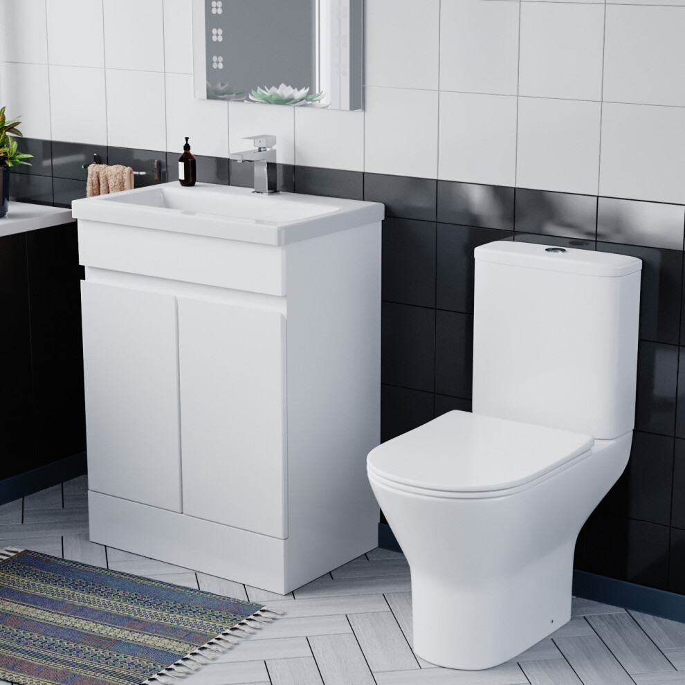Nes Home 600mm Gloss White Basin Vanity & Close Coupled Rimless Toilet Set