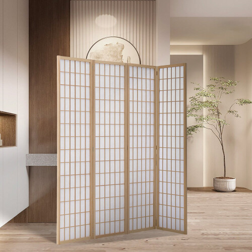 Living And Home (Natural) 4-Panel Solid Wood Folding Room Divider Screen