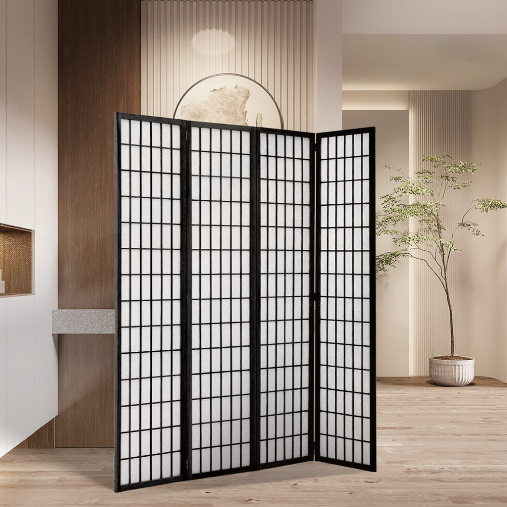 (Black) 4-Panel Solid Wood Folding Room Divider Screen