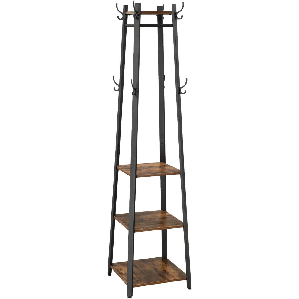 VASAGLE Coat Rack, Coat Stand with 3 Shelves, Ladder Shelf with Hooks for Scarves