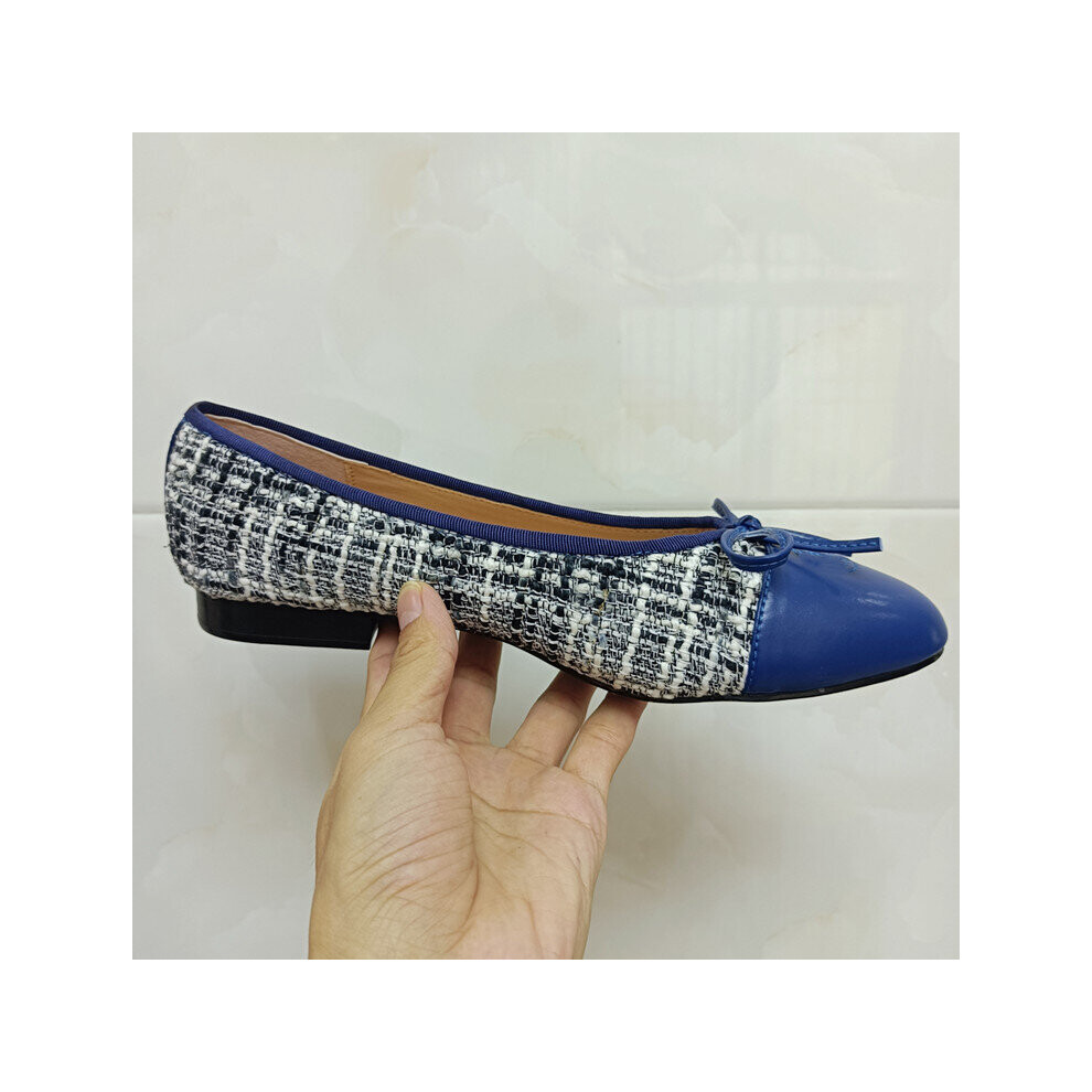 (a-light  blue 41) Shoes Woman Basic Pumps 2023 Two Color Splicing Classic Bow Ballet Work Shoe Large Size Tweed Low Heels Fashion Women Shoes Pump-image-OPC-PBVBHX7-NEW