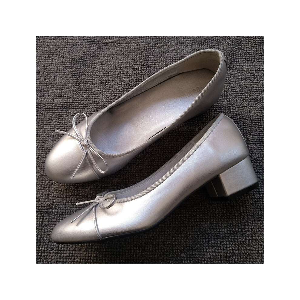 (a-Silver 40) Bow Ballet High Heels Shoes Woman Basic Pumps 2023 Fashion Two Tone Stitching Round Bow Work Shoe Fashion Party Women Shoes Pump-image-OPC-PBVBNSR-NEW