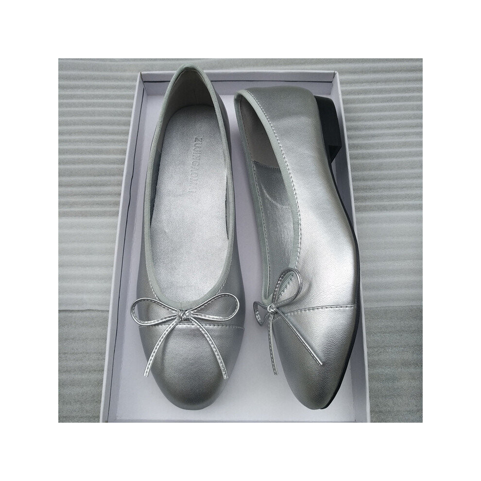 (a-Silver 38) Ballet Low Heels Shoes Woman Basic 2023 Two Color Splicing Round Toe Leather Bow Classic Tweed Cloth Work Shoes Women Shoes Pump-image-OPC-PBVBPCS-NEW