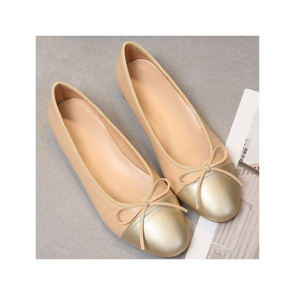 (a-Apricot golden11 42) Ballet Low Heels Shoes Woman Basic 2023 Two Color Splicing Round Toe Leather Bow Classic Tweed Cloth Work Shoes Women Shoes Pu-image-OPC-PBVBPHS-NEW