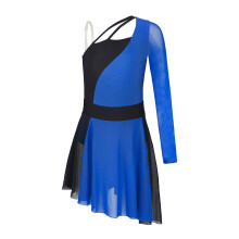 (a-Blue 14) Kids Girls Ballet Dance Dress One Shoulder Roller Skate Figure Ice Skating Dress Lyrical Dancing Show Stage Performance Costume