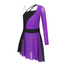 (a-Purple 14) Kids Girls Ballet Dance Dress One Shoulder Roller Skate Figure Ice Skating Dress Lyrical Dancing Show Stage Performance Costume
