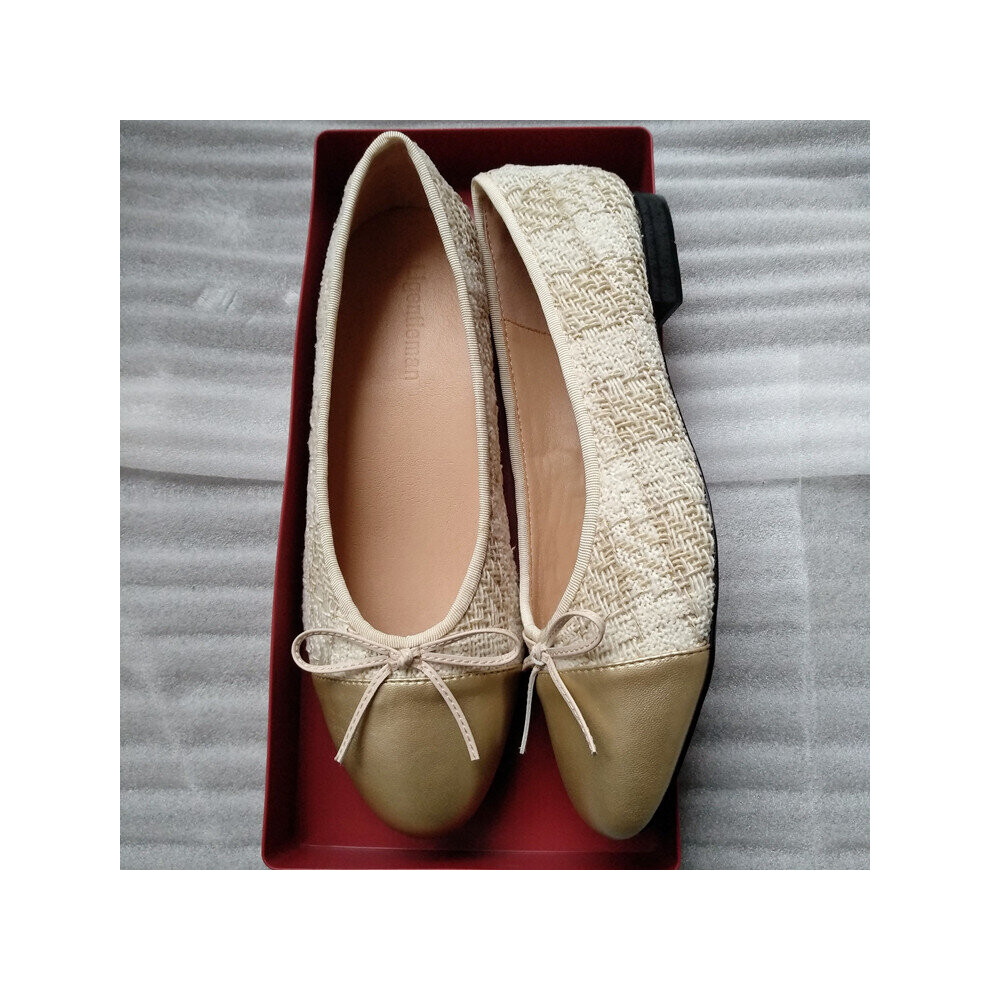 (a-apricot  gold 76788 35) Ballet Flats Classic Shoes Women Basic 2023 Leather Tweed Cloth Two Color Splice Bow Round Ballet Shoe Fashion Flats Women-image-OPC-PBVC96V-NEW