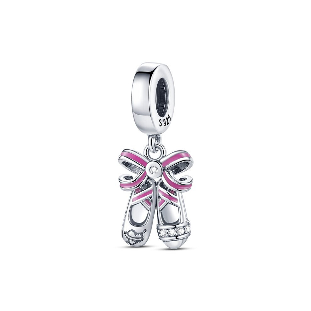 (a-PTC248) 925 Sterling Silver Pink Ballet Skates Shoes Pendant Heart Charms Fit Original Pandora Necklace Bracelet Jewelry Making Women