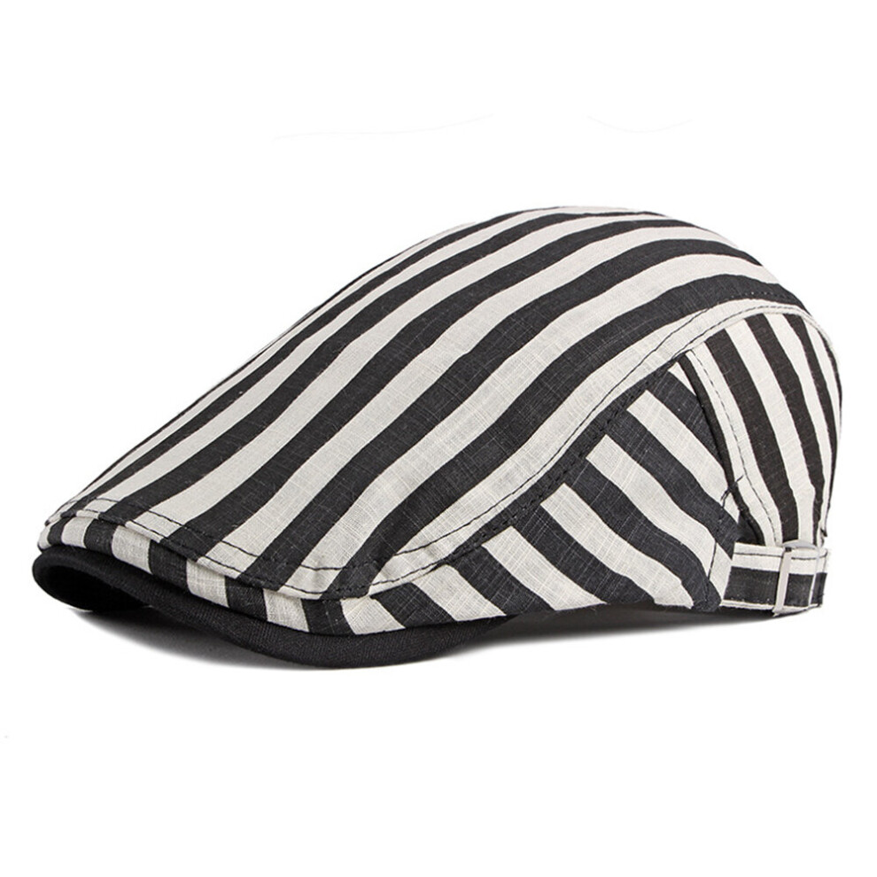 (One Size, Creamy-white) Red Black Striped Mens Berets 100% Cotton British Style Vintage Flat Caps for Men Spring Summer Artist Hat Chapeau
