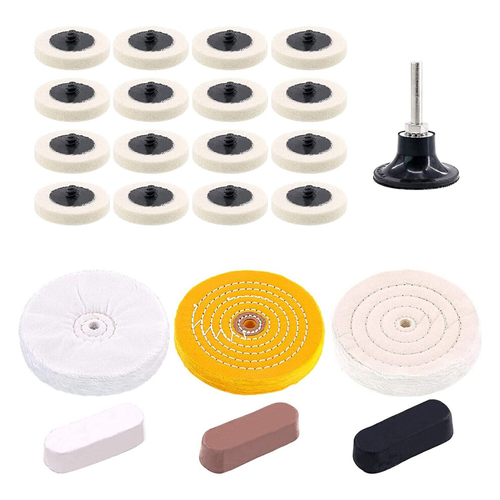 20Pcs 2 Inch Compressed Wool Fabric Disc with 3 Colors Polishing Compounds and 6Pcs 6 Inch Buffing Polishing Wheels 