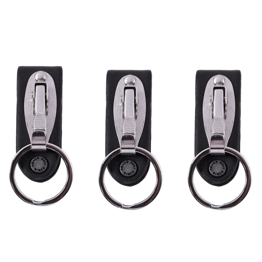 3X Stainless Steel Keyring Design Faux Leather Belt Loop Key Chain