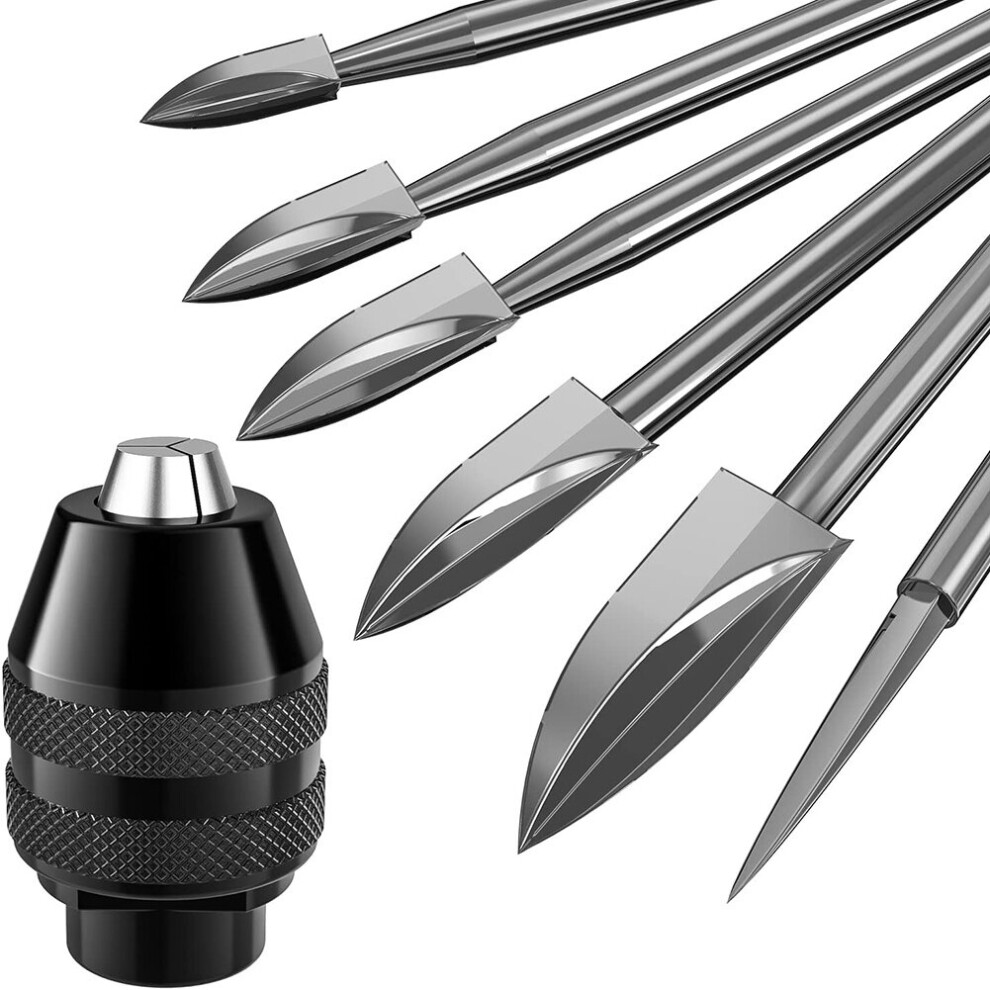 7Pcs Wood Carving Bits, 1/8inchShank HSS Engraving Drill Tool Wood Crafts Grinding Accessories with 4486 Chuck