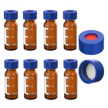 2ML Autosampler Vials Pack Of 100 - HPLC Vials 9-425 Amber Vials with Blue Screw Caps,White Red Septa