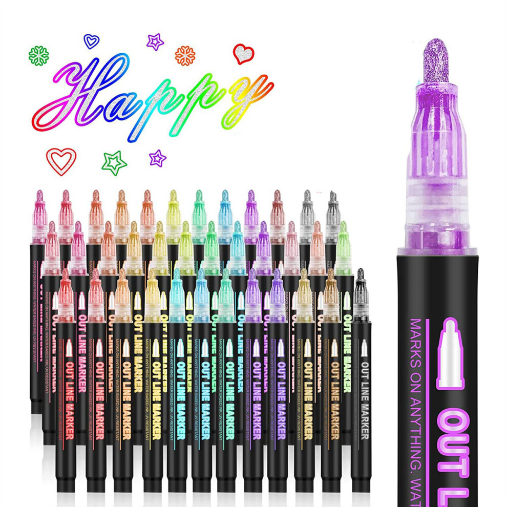 Tlily Double Line Outline Markers, 36 Colors Super Squiggles Shimmer Outline Marker Pen Set, Self Outline Metallic Markers