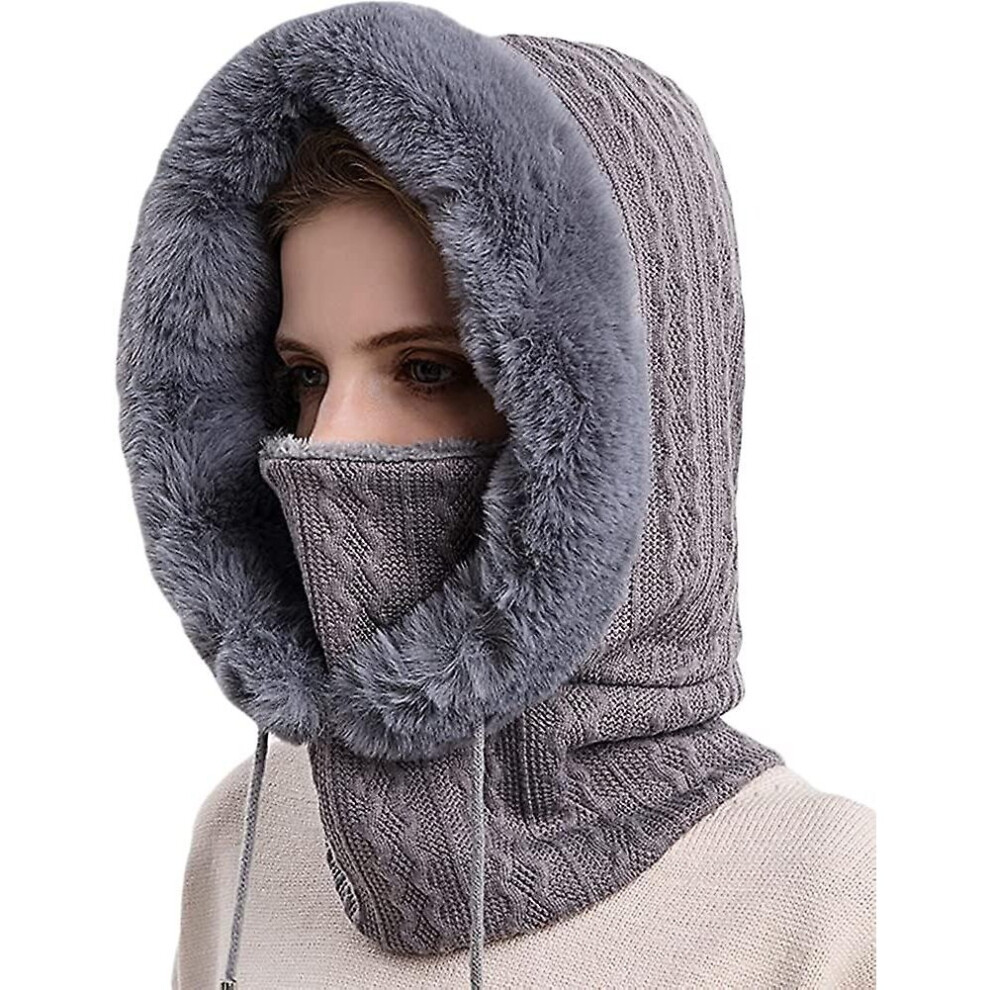 (Grey) Winter Hats For Women - One Piece Faux Fur Hat Scarf Warm Hooded Scarf For Cold Weather