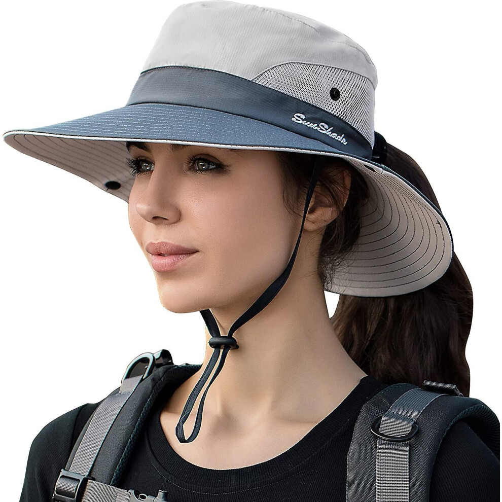 (Light Grey) Womens Summer Sun Hat Beach Hats Wide Brim Outdoor Uv Protection Hat Foldable Ponytail Bucket Cap