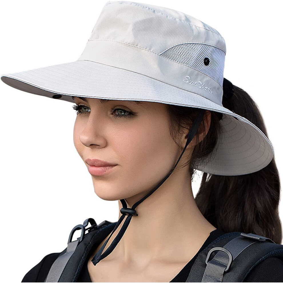 (Pure Beige) Womens Summer Sun Hat Beach Hats Wide Brim Outdoor Uv Protection Hat Foldable Ponytail Bucket Cap