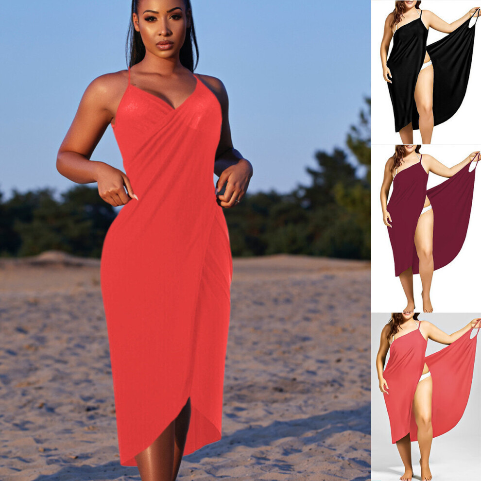 (Wine Red, L) UK Women Bikini Cover Up Swim Beachwear Long Maxi Wrap Sarong Beach Dress Plus