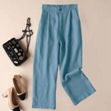 (Sky Blue, Tag Size L=UK Size 10) Women Palazzo Pant Wide Leg Cropped Pants Ladies Lounge High Waist Daily Wear