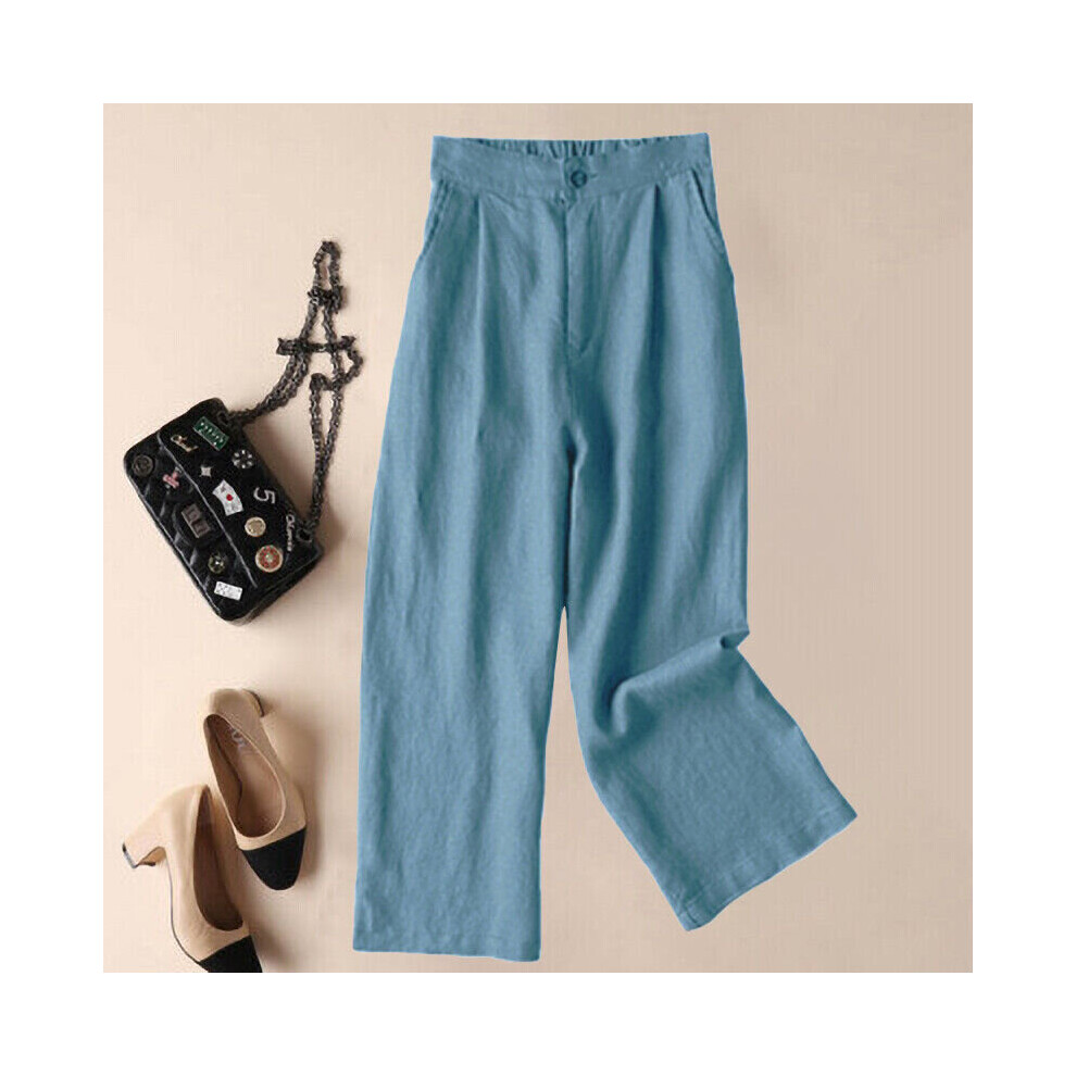 (Sky Blue, Tag Size L=UK Size 10) Women Palazzo Pant Wide Leg Cropped Pants Ladies Lounge High Waist Daily Wear