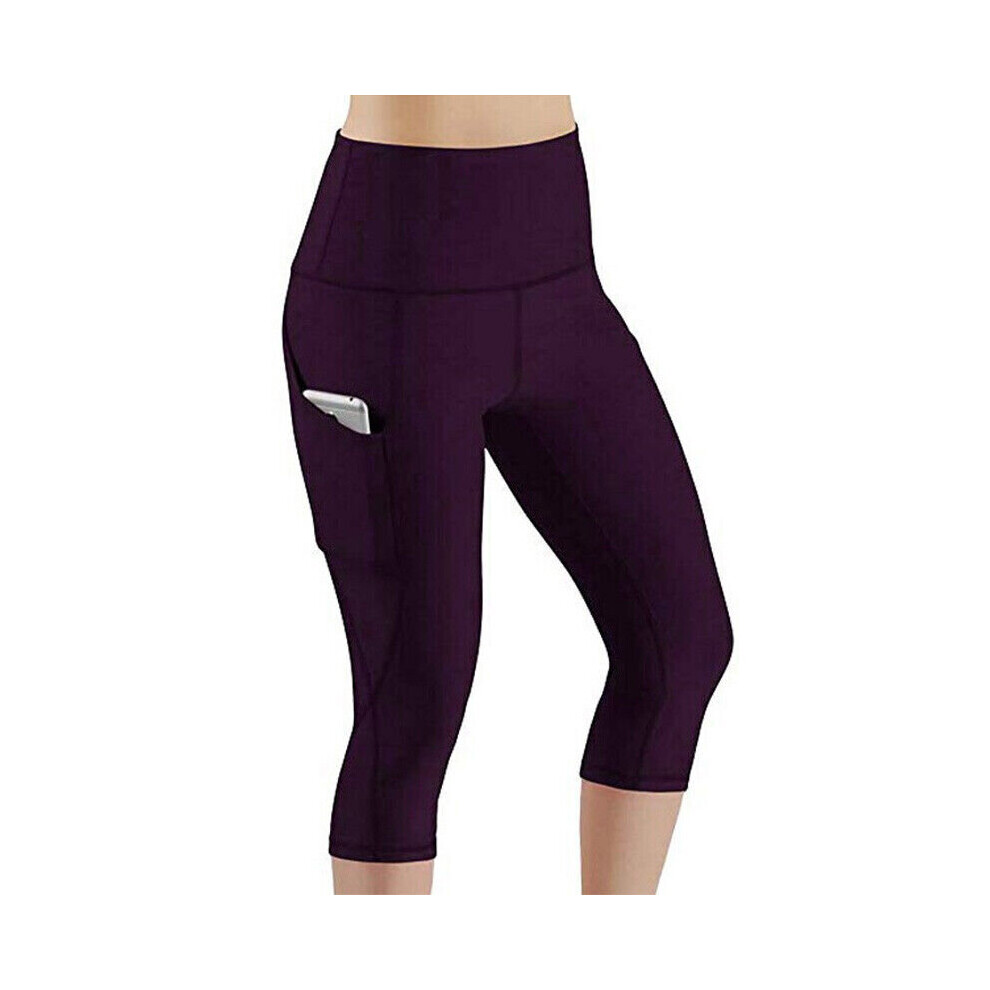 (Purple, XL) Women's High Waist Yoga Pants Leggings Ladies Stretchy Gym Fitness Sports Capri